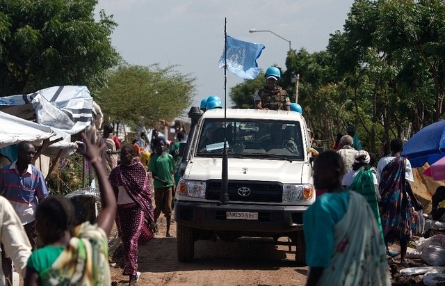 Des Casques bleus de la mission de l'ONU au Soudan du Sud (UNIMISS), en patrouille à Malakal, le 16 octobre 2014.