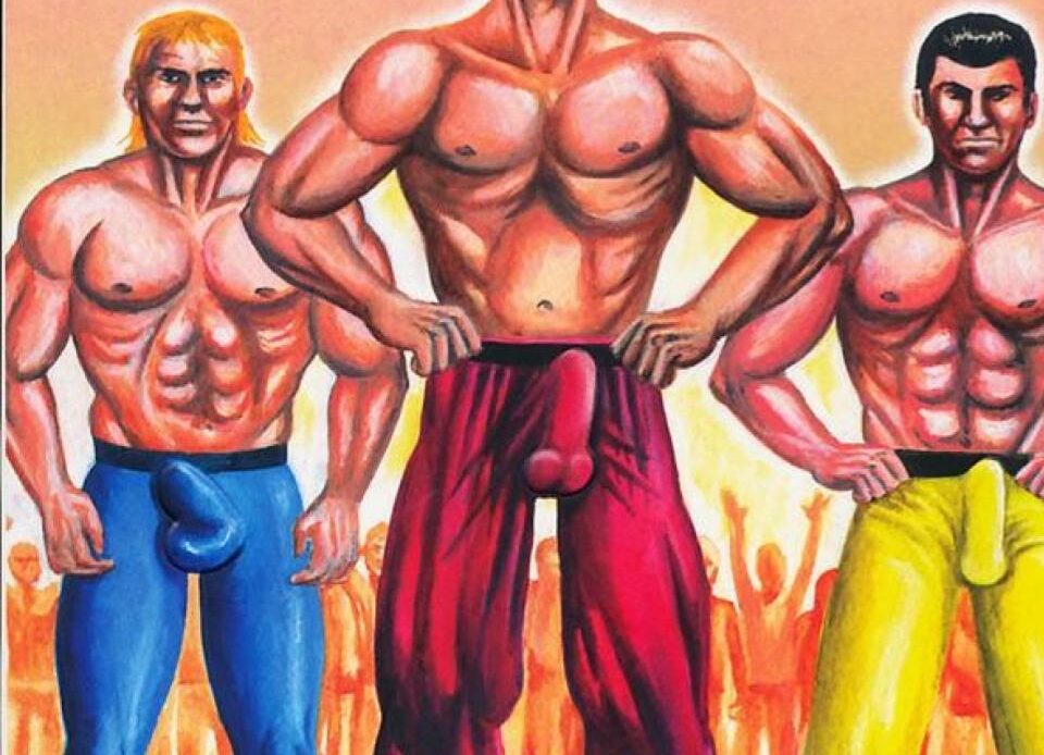 Trois hommes blancs cisgenres musculeux avec des énormes sexe moulés par leur pantalon