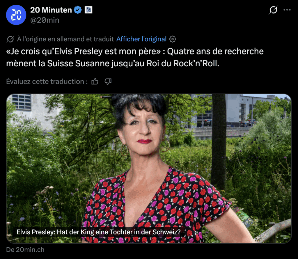 Capture d'écran Tweet 20 minuten ou Susanne est persuadée d'être la fille d'Elvis Presley