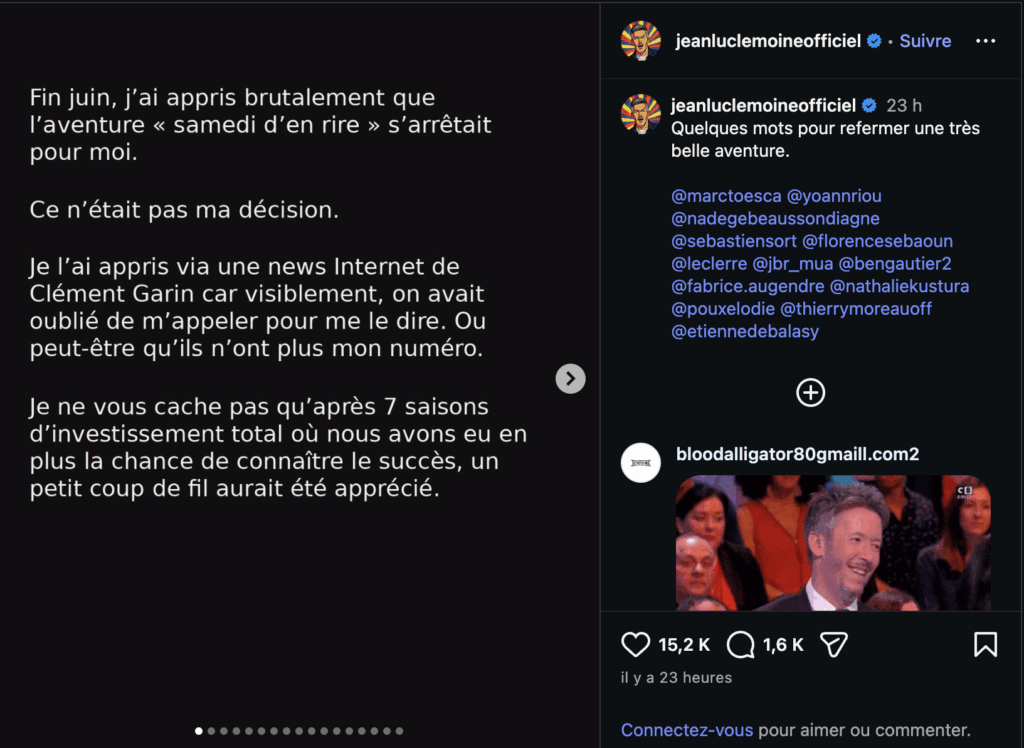 Post Instagram de départ de Jean-Luc Lemoine de Samedi d'en rire