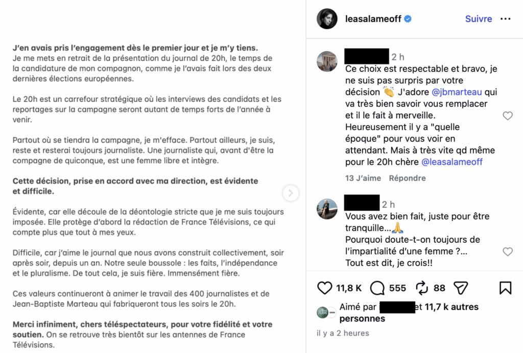 Post Instagram ou Léa Salamé explique se retirer de la présentation du 20h de France 2