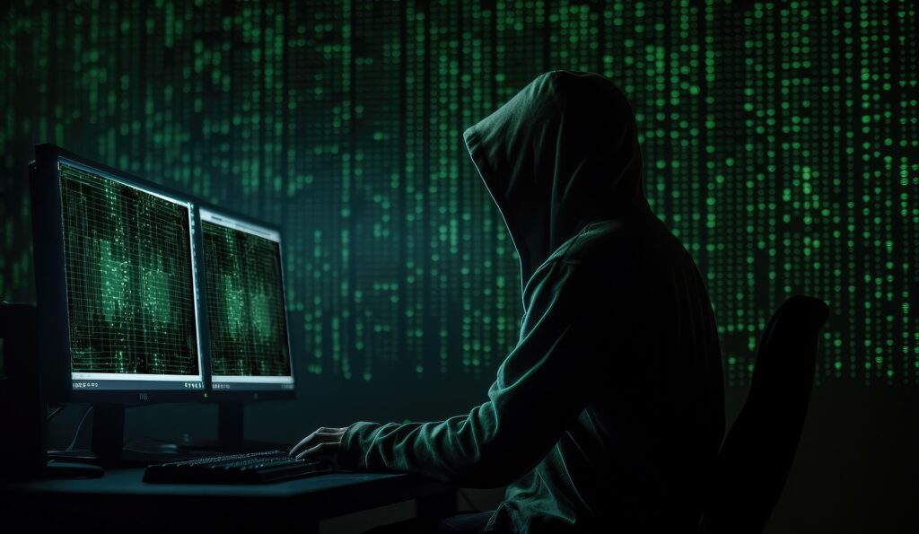 Image libre de droit d'un hacker. Devant son ordinateur, rempli de lignes de code